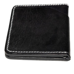 Top view of New black genuine leather wallet isolated on white background.