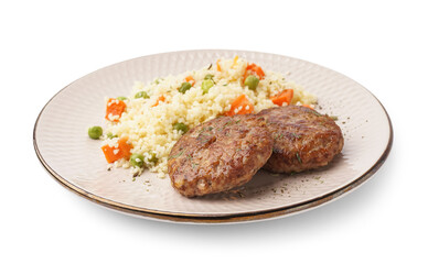 Cutlets with bulgur and boiled vegetables on white background