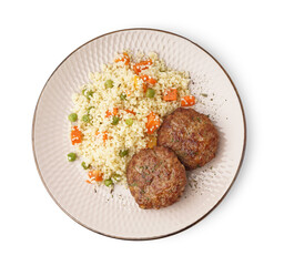 Cutlets with bulgur and boiled vegetables on white background