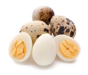Boiled quail eggs on white background