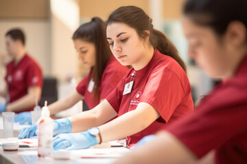 A volunteer team at a blood donation center. The volunteer activity. World blood donor day. AI Generative