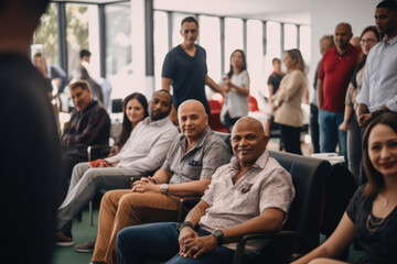 Group of people gathered at a blood donation drive, smiling and engaging in conversations while waiting to donate blood. World blood donor day. AI Generative.