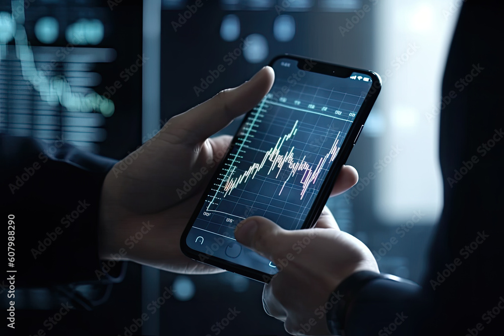 Poster close-up of business consultant analyzing graphs and charts on digital mobile phone screen, created 