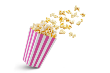 Popcorn flying out of pink white striped paper box isolated on white, transparent background, PNG, with copy space. Splash, levitation of popcorn grains.