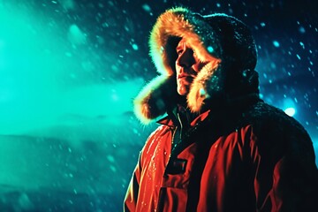 man in thick winter jacket with fur trimmed hood in arctic snow storm created with Generative AI technology