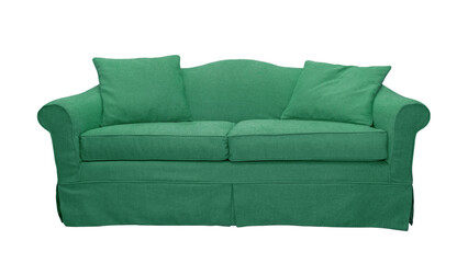 Green sofa with two pillows isolated on white, transparent background, PNG. Classic english style two seater cushion couch with upholstery cover, front view