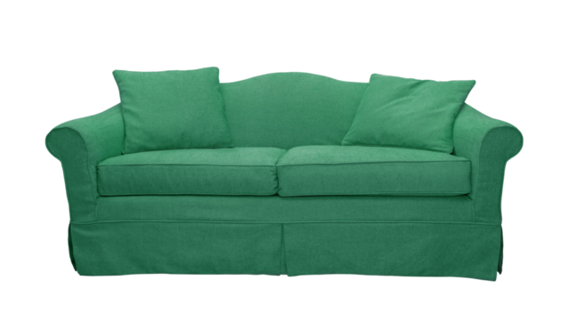 Green sofa with two pillows isolated on white, transparent background, PNG. Classic english style two seater cushion couch with upholstery cover, front view