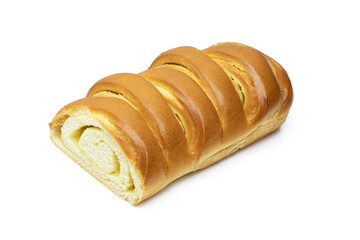 Sliced dessert pastry roll filled with vanilla cream isolated on white background