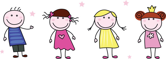 Stick figure inspired children in different characters. Vector Illustration isolated on white.