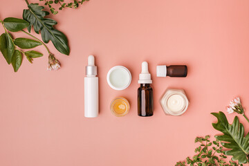the composition of skincare, cosmetic, and beauty bottle. clean and organic beauty concept.