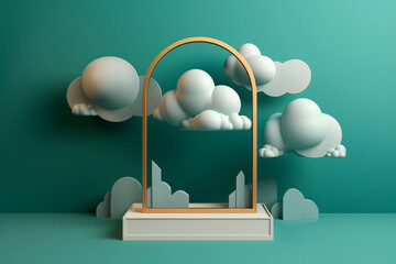 A cloud in front of a golden frame on a green background