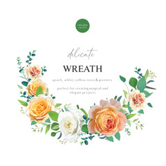 Floral watercolor wreath bouquet. Wedding invite, save the date card. Peach flowers, greenery vector illustration. Orange yellow, white rose, carnation, green eucalyptus leaves. Watercolor arrangement