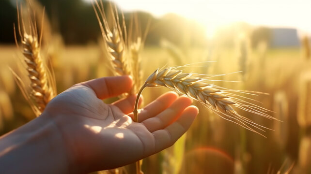 Image of a person's hand holding an ear of wheat in a field