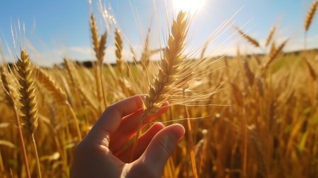 Image of a person's hand holding an ear of wheat in a field