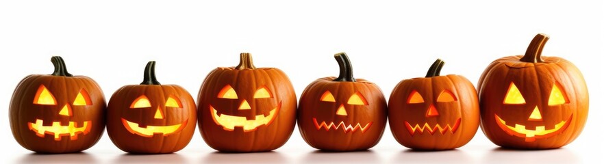 halloween jack o lantern pumpkins in a row on white background. Generative AI - obrazy, fototapety, plakaty