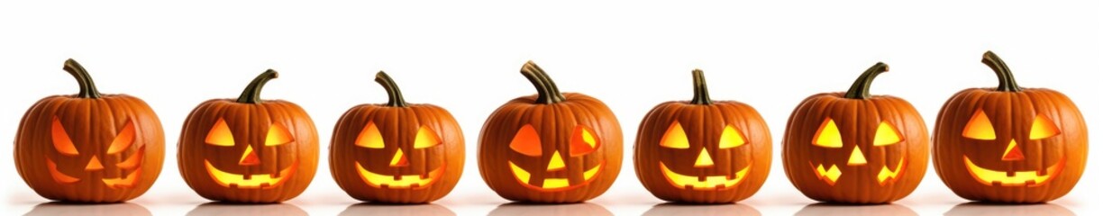 halloween jack o lantern pumpkins in a row on white background. Generative AI