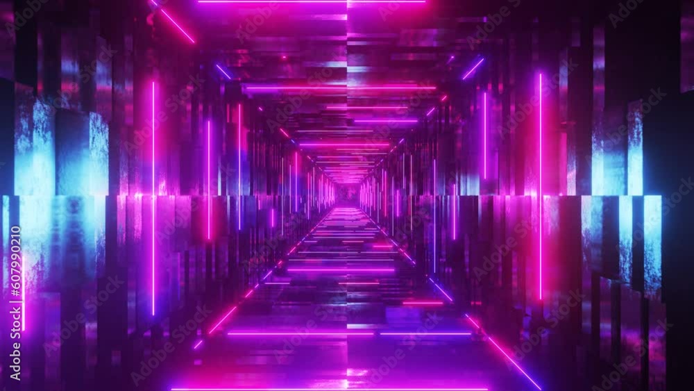 Poster neon tunnel, light effect for your music. looped animation. neon lines in pink. vj loop. looped anim