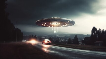 Fototapeta na wymiar a ufo over a road. Generative AI Art.
