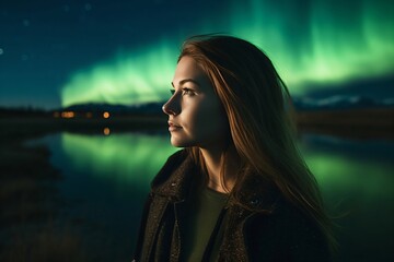 pretty woman with long hair on a lake under the northern lights created with Generative AI technology