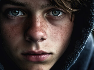 Naklejka premium Close-up shot of a teenage boy looking downcast, his eyes filled with concern and vulnerability. Concept of teenage depression. 