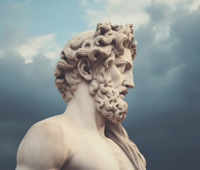 Antique sculpture of man on sky background. AI generated image.