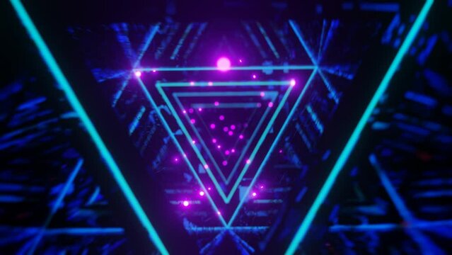 triangular metal tunnel. Camera movement in a triangular tunnel. Glowing pink particles. vj loop. Looped animation.
