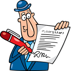 Cartoon illustration of man with agreement