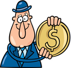 Cartoon illustration of man with dollar coin