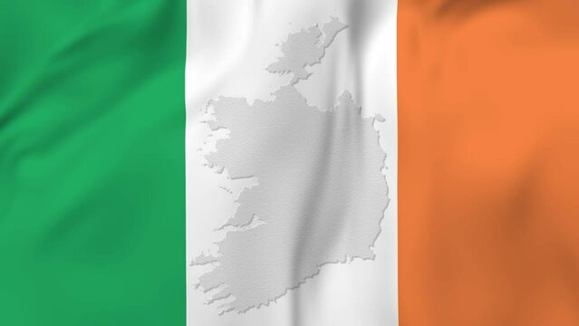 Arising map of Ireland and waving flag of Ireland in background. 4k video.