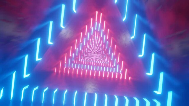 Camera move in a neon triangular tunnel. Triangular metal tunnel. Camera movement in a triangular tunnel. vj loop. Looped animation.