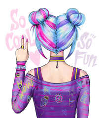 Teenage girl back view. Blue hair girl. Pink hairdress space buns. Trendy teenager girl in modern clothes with bright manicure, Boise with text drawing in Graffiti street art style. So cool, fun.