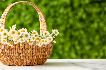 Fototapeta na wymiar Wicker basket with beautiful chamomile flowers on white table outdoors