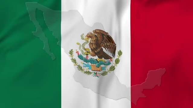 Arising map of Mexico and waving flag of Mexico in background. 4k video.