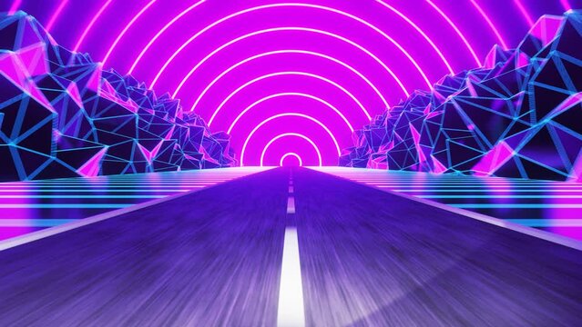 Retrowave VJ video game landscape, neon lights and low poly terrain mesh. Trendy retro futuristic pink and blue neon lights 3d road among mountains with sun in the background. Seamless loop.