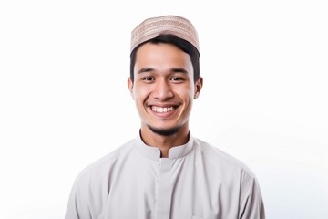 Fototapeta premium Portrait of a happy muslim man isolated on white background.