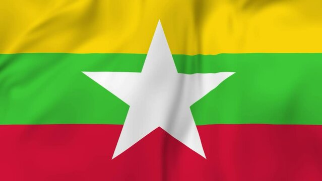 Arising map of Myanmar and waving flag Myanmar of in background. 4k video.