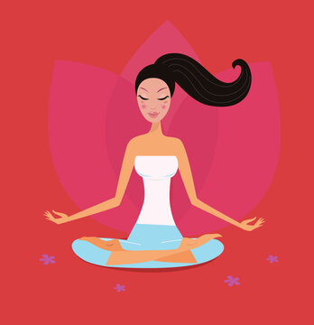 Asia girl relaxing in yoga lotus position. Vector Illustration.