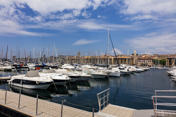 Old Port (Vieux-Port de Marseille) with several boats moored in the marina of Marseille. MARSEILLE, FRANCE. May 29, 2023.