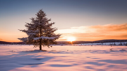 Fototapeta na wymiar Snowy landscape bathed in the soft glow 