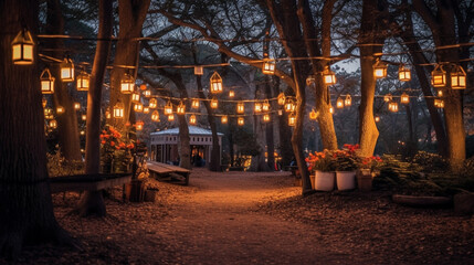 A park filled with lanterns and fairy lights