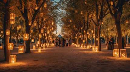 A park filled with lanterns and fairy lights