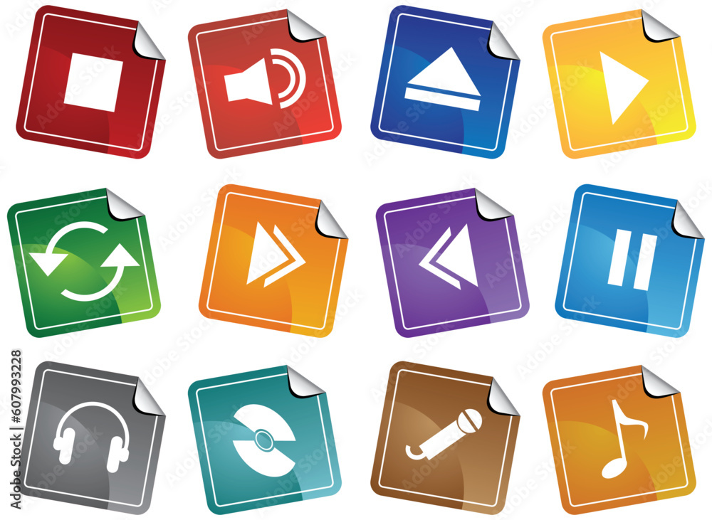Poster set of 3d multimedia buttons with sticker style background.