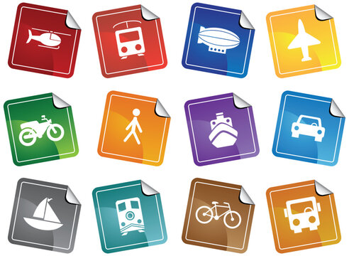 Set of 12 transportation web buttons - sticker style.