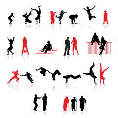 Silhouettes of people: fun children, young couples, sport teens, old age
