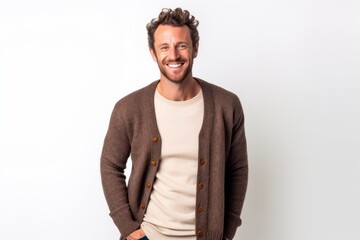 Obraz premium Group portrait photography of a pleased man in his 30s that is wearing a chic cardigan against a white background . Generative AI