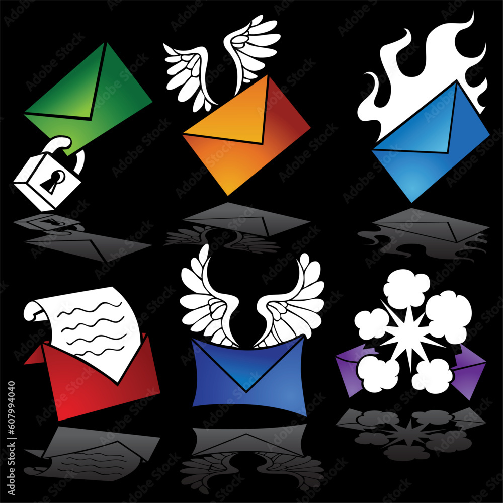 Poster set of 6 email buttons with black background.