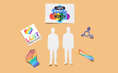 Cards for LGBTQ pride month, paper symbols and male figures on beige background