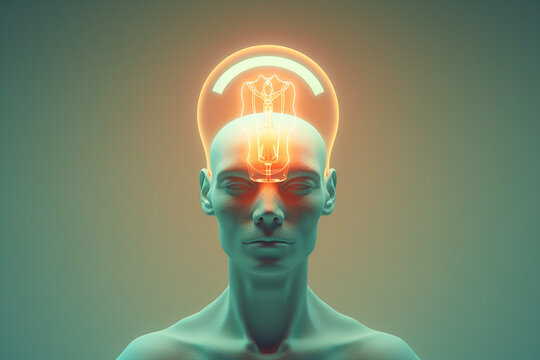 Knowledge concept. Human body with a light bulb head. AI generated image