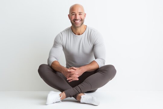 Portrait of a smiling man sitting on the floor isolated on a white background