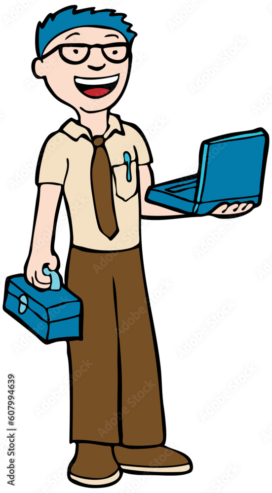 Poster man ready to fix computers.